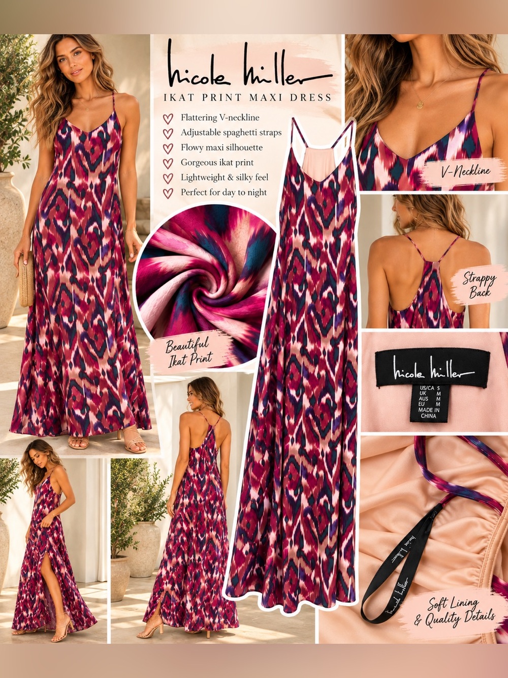 Nicole Miller Multicolor Ikat Print Maxi Dress S